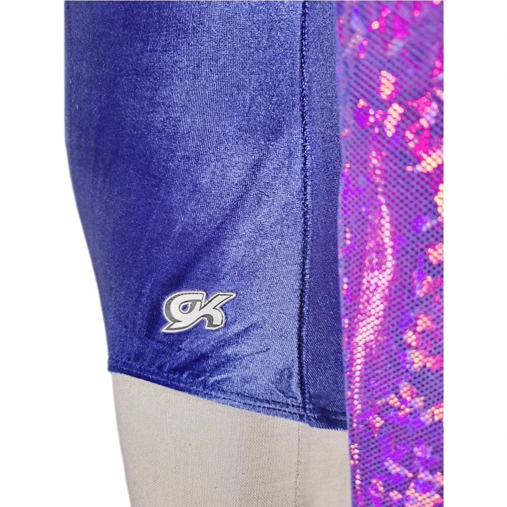 GK Elite VTG Mystique Purple Holographic LS Keyhole Leotard Blue Velvet Size AM